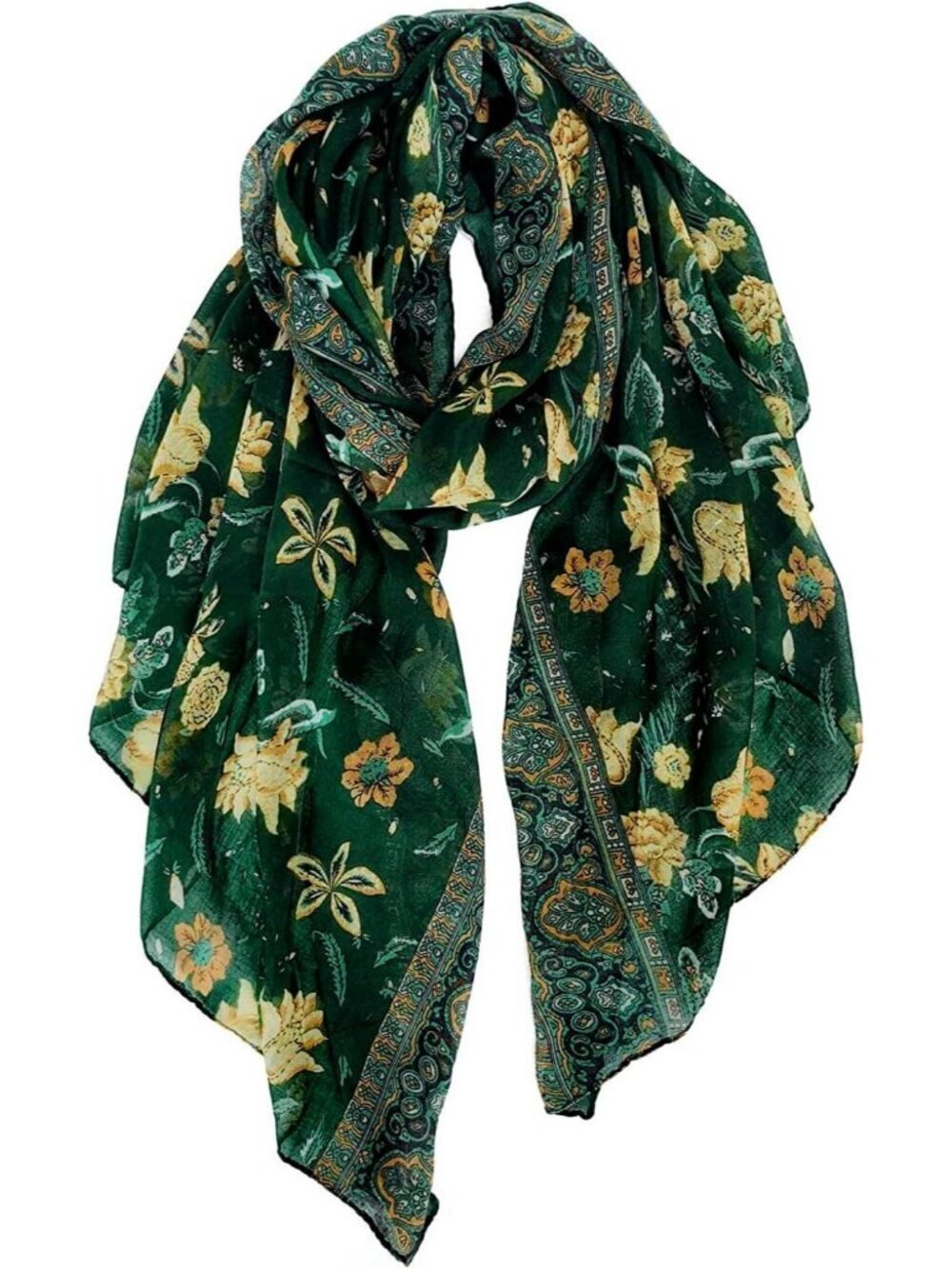 Women's Dark green Lightweight Scarves Flowers Print Head Cotton Wrap Scarf
